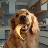 Złoty retriever z bananem w pysku, zastanawiasz się, czy pies może jeść banana? W kuchni widać też inne owoce.