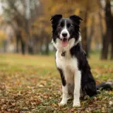 Inteligentny border collie siedzi na jesiennym tle, z językiem na wierzchu.