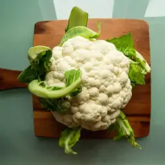 Świeży kalafior na desce. Czy pies może jeść kalafior? Tak, w umiarkowanych ilościach, jako zdrowy dodatek do diety.