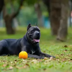Potężny pies rasy cane corso leży na trawie obok pomarańczowej piłki. Jego waga świadczy o sile i budowie.