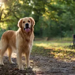 Uśmiechnięty golden retriever w parku. Czy golden retriever jest agresywny? Ten piesek z pewnością nie!
