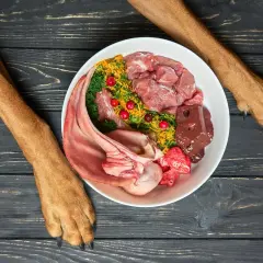Pies może jeść wątróbkę. Miska z surowym mięsem, warzywami i wątróbką, obok łapy psa.