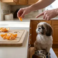 Czy psy mogą jeść mandarynki? Mały piesek Shih Tzu z zaciekawieniem patrzy na rękę podającą mu kawałek mandarynki.