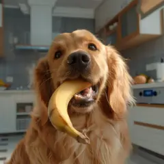 Złoty retriever z bananem w pysku, zastanawiasz się, czy pies może jeść banana? W kuchni widać też inne owoce.
