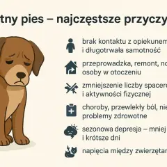 Smutny pies, z opuszczonymi uszami, pokazuje, że depresja u psa może mieć wiele przyczyn, od samotności po problemy zdrowotne.