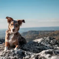 Pies z niebieskimi oczami odpoczywa na skale w Pienińskim Parku Narodowym, podziwiając jesienne krajobrazy.