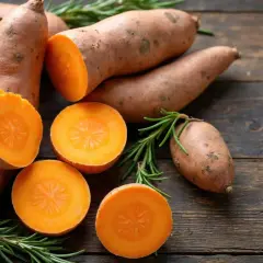 Pomarańczowe bataty i gałązki rozmarynu na drewnianym tle. Czy pies może jeść bataty? Tak, to zdrowy przysmak dla pupila.