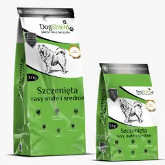 Dwie torby karmy suchej dla szczeniąt DogShield: 10 kg i 3 kg. Produkt stworzony przez lekarzy weterynarii.
