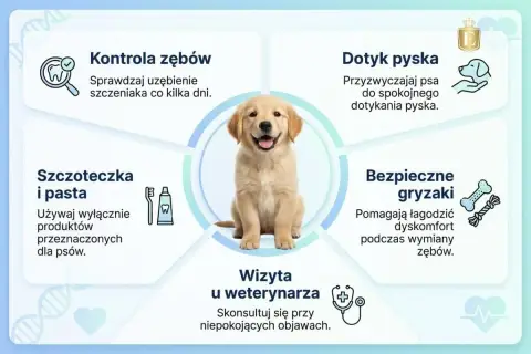 Uroczy szczeniak na grafice o pielęgnacji zębów. Unikaj kłapania zębami u psa, dbając o jego higienę.