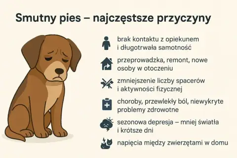 Smutny pies, z opuszczonymi uszami, pokazuje, że depresja u psa może mieć wiele przyczyn, od samotności po problemy zdrowotne.