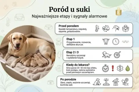 Labradorka z szczeniętami. Informacje o porodzie u suki, w tym ile trwa ciąża u psa i sygnały alarmowe.