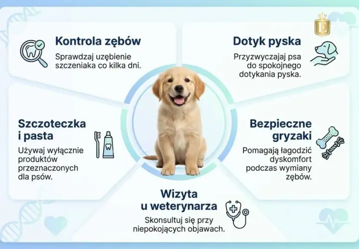 Uroczy szczeniak na grafice o pielęgnacji zębów. Unikaj kłapania zębami u psa, dbając o jego higienę.