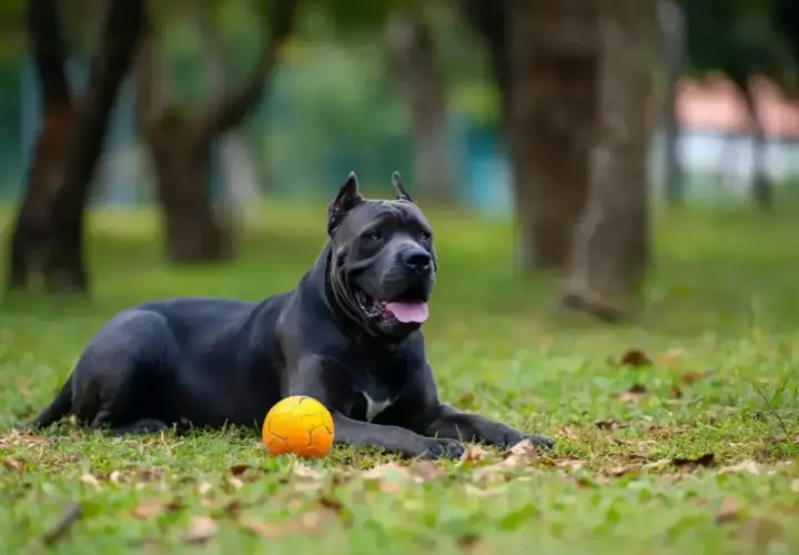 Potężny pies rasy cane corso leży na trawie obok pomarańczowej piłki. Jego waga świadczy o sile i budowie.