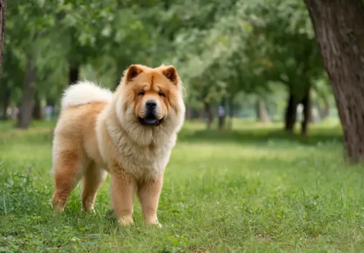Puszysty chow chow z dumą pozuje na tle zielonego parku.
