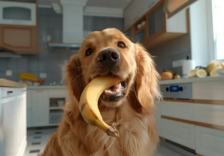 Złoty retriever z bananem w pysku, zastanawiasz się, czy pies może jeść banana? W kuchni widać też inne owoce.