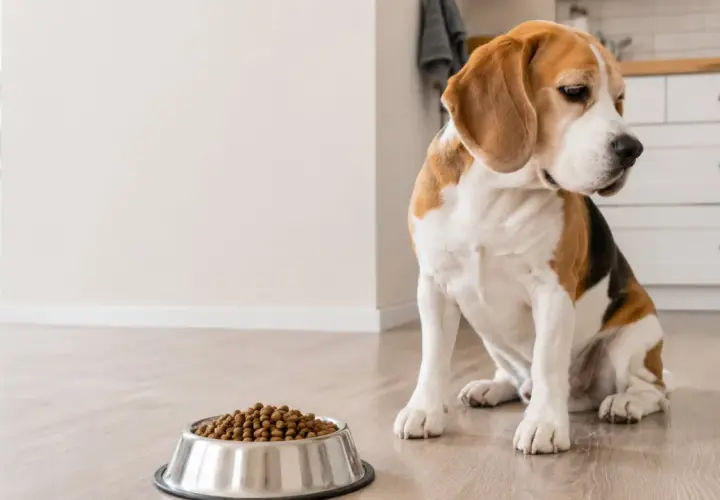 Smutny beagle siedzi obok miski z karmą, wyraźnie widać, że pies nie chce jeść suchej karmy.