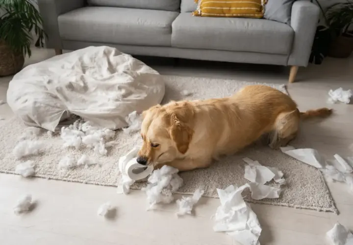 Złoty retriever gryzie papier toaletowy, otoczony kłębkami wypełnienia z poduszki. To obrazek ilustrujący **odwrażliwianie psa lęk separacyjny**.