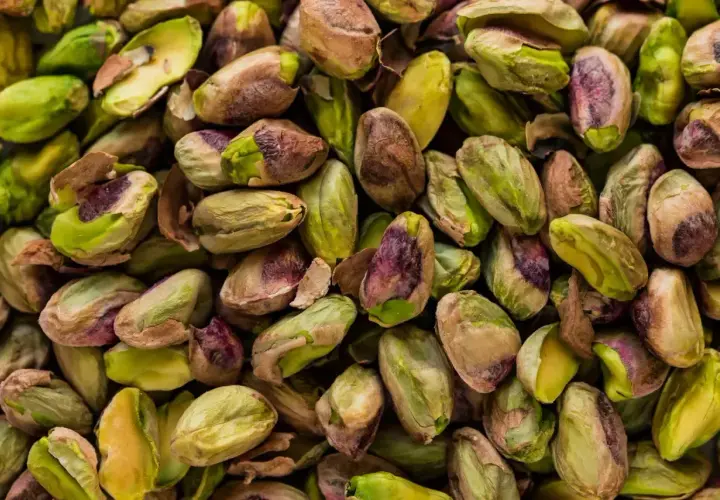 Mnóstwo łuskanych pistacji, zielonych i brązowych. Czy psy mogą jeść pistacje? Lepiej nie ryzykować.