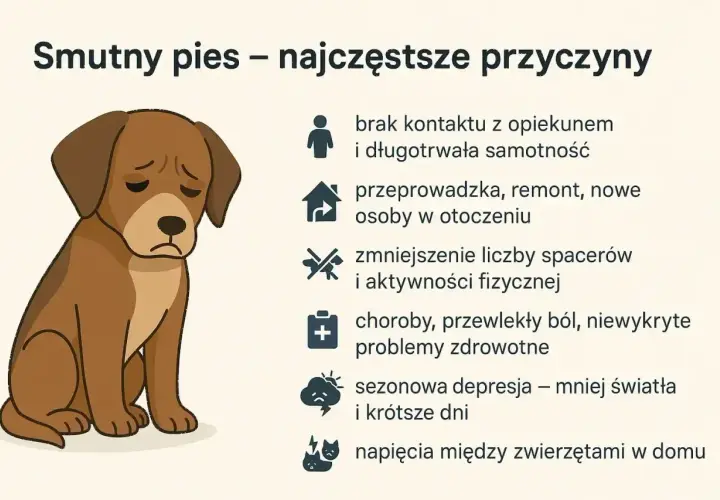 Smutny pies, z opuszczonymi uszami, pokazuje, że depresja u psa może mieć wiele przyczyn, od samotności po problemy zdrowotne.