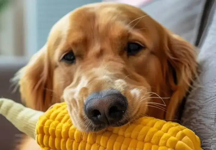 Złoty retriever z zabawką w kształcie kolby kukurydzy. Czy pies może jeść kukurydzę? Tak, ale z umiarem.
