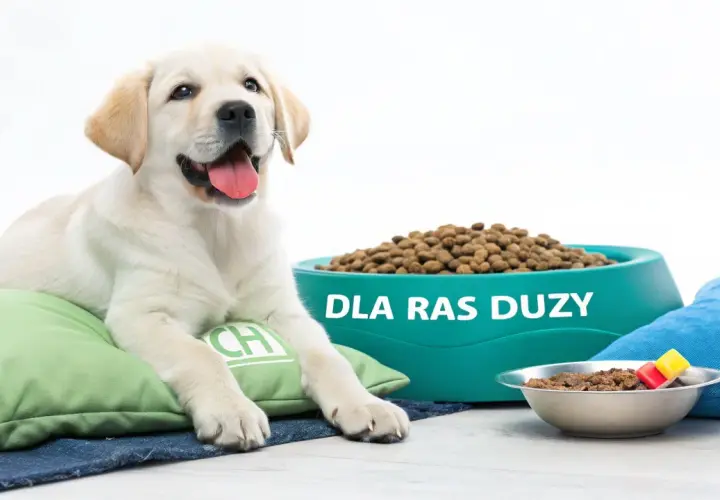 Szczeniak labradora leży na poduszce obok miski z karmą dla szczeniąt ras dużych.
