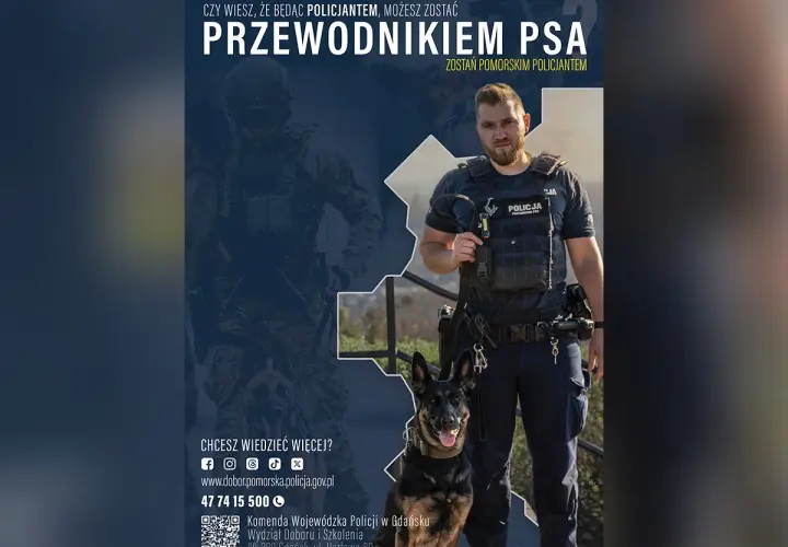 Policjant z psem patrzy w obiektyw. Plakat zachęca do zostania przewodnikiem psa w policji.