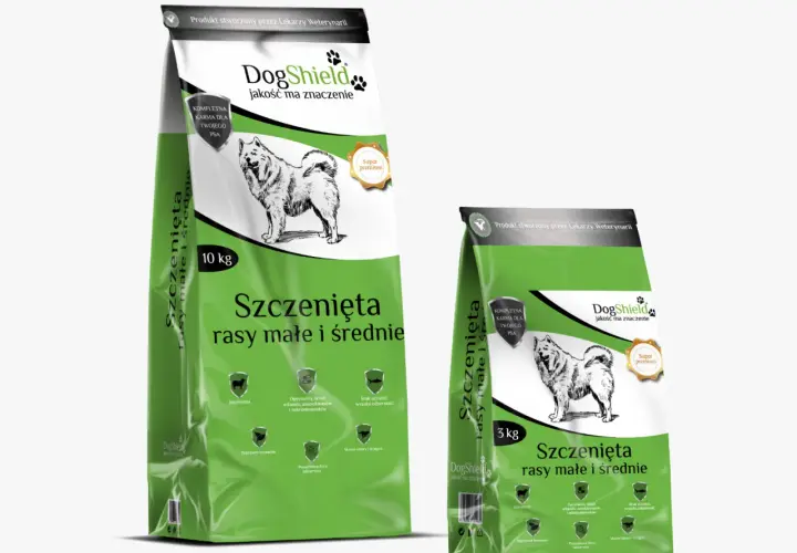 Dwie torby karmy suchej dla szczeniąt DogShield: 10 kg i 3 kg. Produkt stworzony przez lekarzy weterynarii.