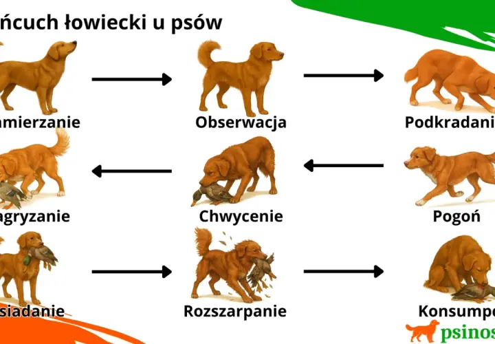 Cykl łowiecki psa: namierzanie, obserwacja, podkradanie, pogoń, chwycenie, rozszarpanie, konsumpcja, posiadanie zdobyczy.