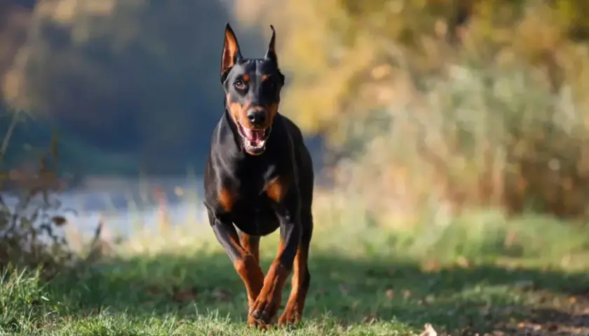 Czarny doberman biegnie przez trawiasty teren. Jego waga jest idealnie proporcjonalna do sylwetki, co widać po jego dynamicznym ruchu.