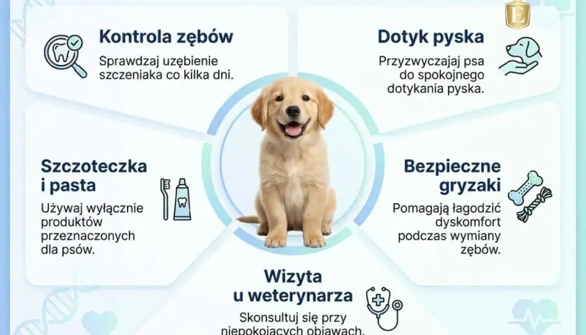 Uroczy szczeniak na grafice o pielęgnacji zębów. Unikaj kłapania zębami u psa, dbając o jego higienę.