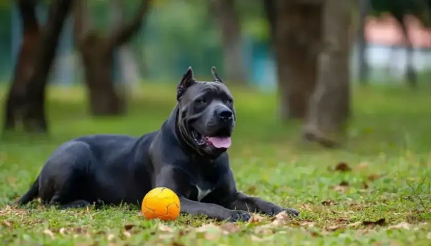 Potężny pies rasy cane corso leży na trawie obok pomarańczowej piłki. Jego waga świadczy o sile i budowie.