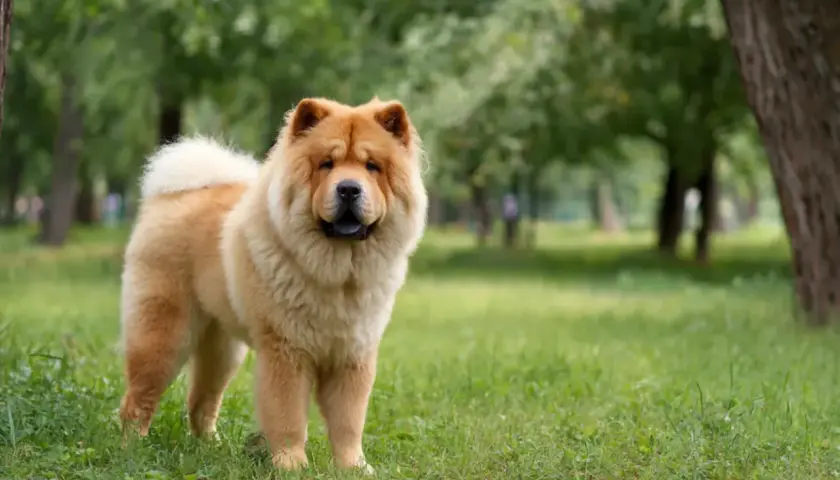 Puszysty chow chow z dumą pozuje na tle zielonego parku.
