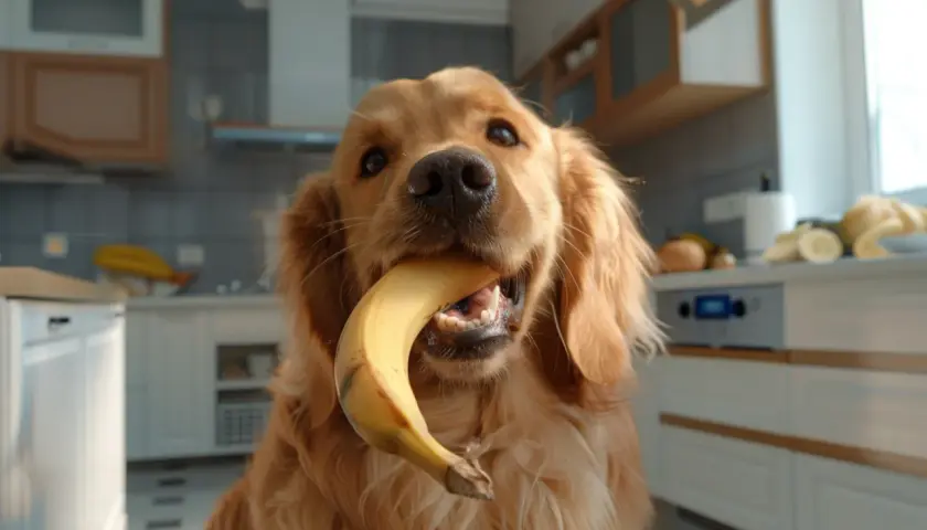 Złoty retriever z bananem w pysku, zastanawiasz się, czy pies może jeść banana? W kuchni widać też inne owoce.