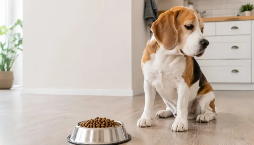 Smutny beagle siedzi obok miski z karmą, wyraźnie widać, że pies nie chce jeść suchej karmy.