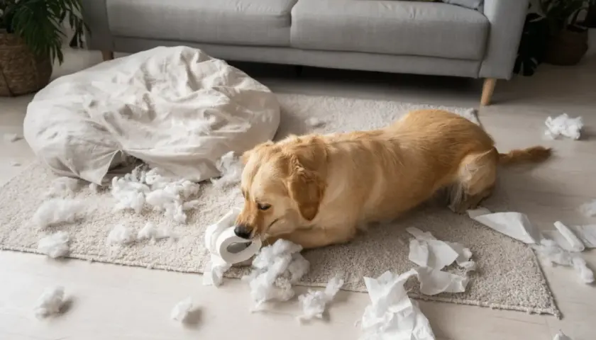 Złoty retriever gryzie papier toaletowy, otoczony kłębkami wypełnienia z poduszki. To obrazek ilustrujący **odwrażliwianie psa lęk separacyjny**.