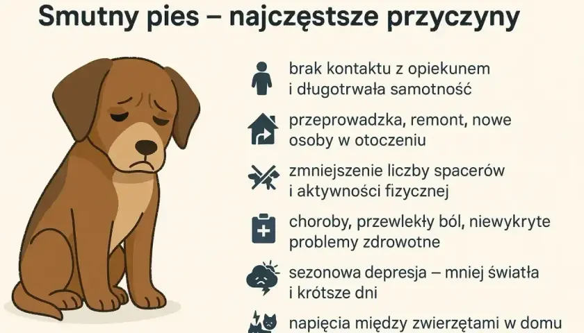 Smutny pies, z opuszczonymi uszami, pokazuje, że depresja u psa może mieć wiele przyczyn, od samotności po problemy zdrowotne.