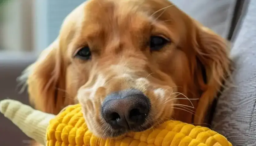 Złoty retriever z zabawką w kształcie kolby kukurydzy. Czy pies może jeść kukurydzę? Tak, ale z umiarem.