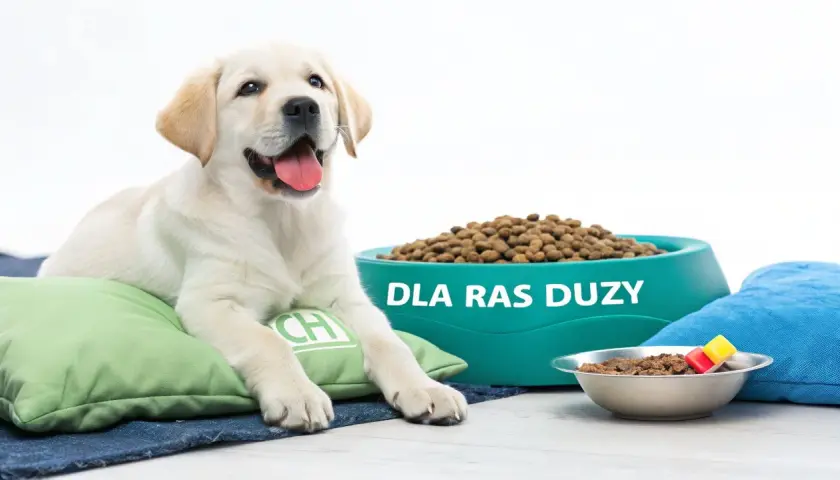 Szczeniak labradora leży na poduszce obok miski z karmą dla szczeniąt ras dużych.