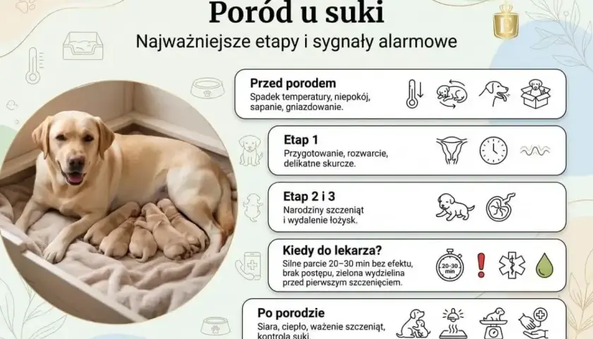 Labradorka z szczeniętami. Informacje o porodzie u suki, w tym ile trwa ciąża u psa i sygnały alarmowe.