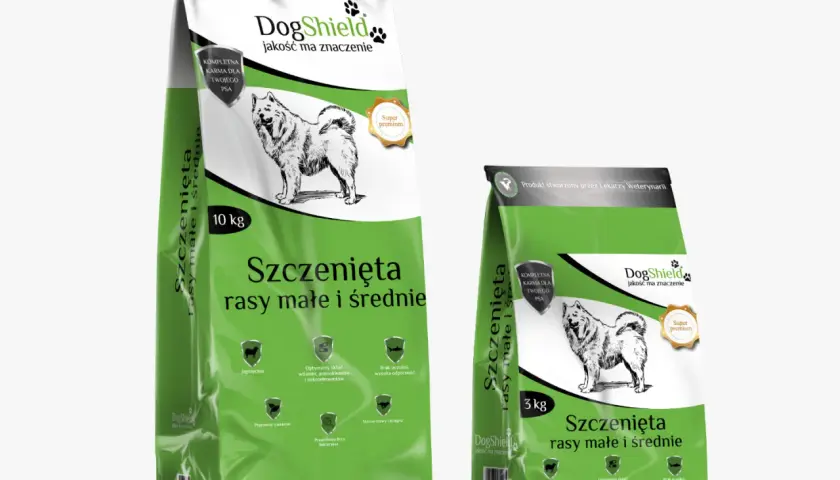 Dwie torby karmy suchej dla szczeniąt DogShield: 10 kg i 3 kg. Produkt stworzony przez lekarzy weterynarii.