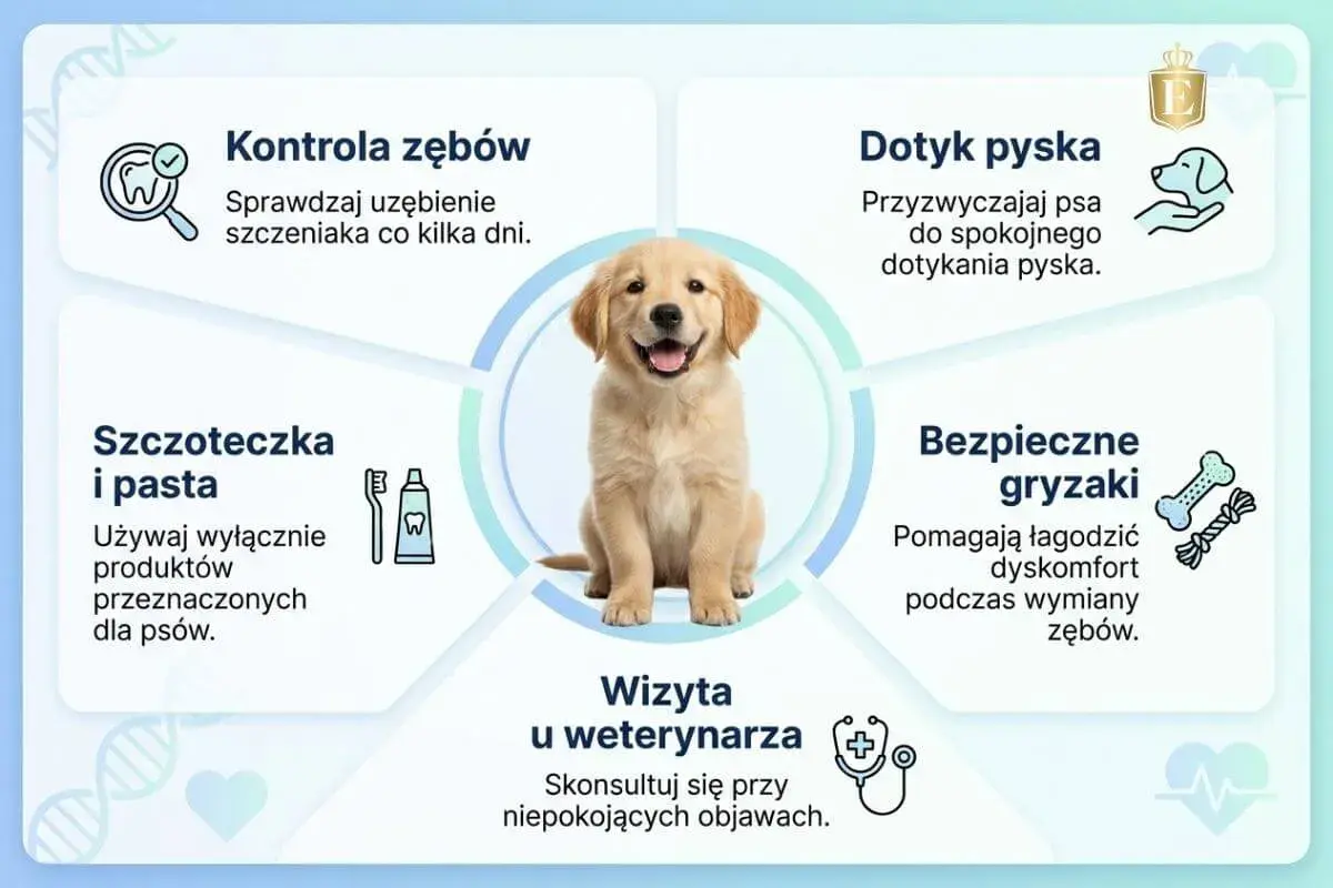 Uroczy szczeniak na grafice o pielęgnacji zębów. Unikaj kłapania zębami u psa, dbając o jego higienę.