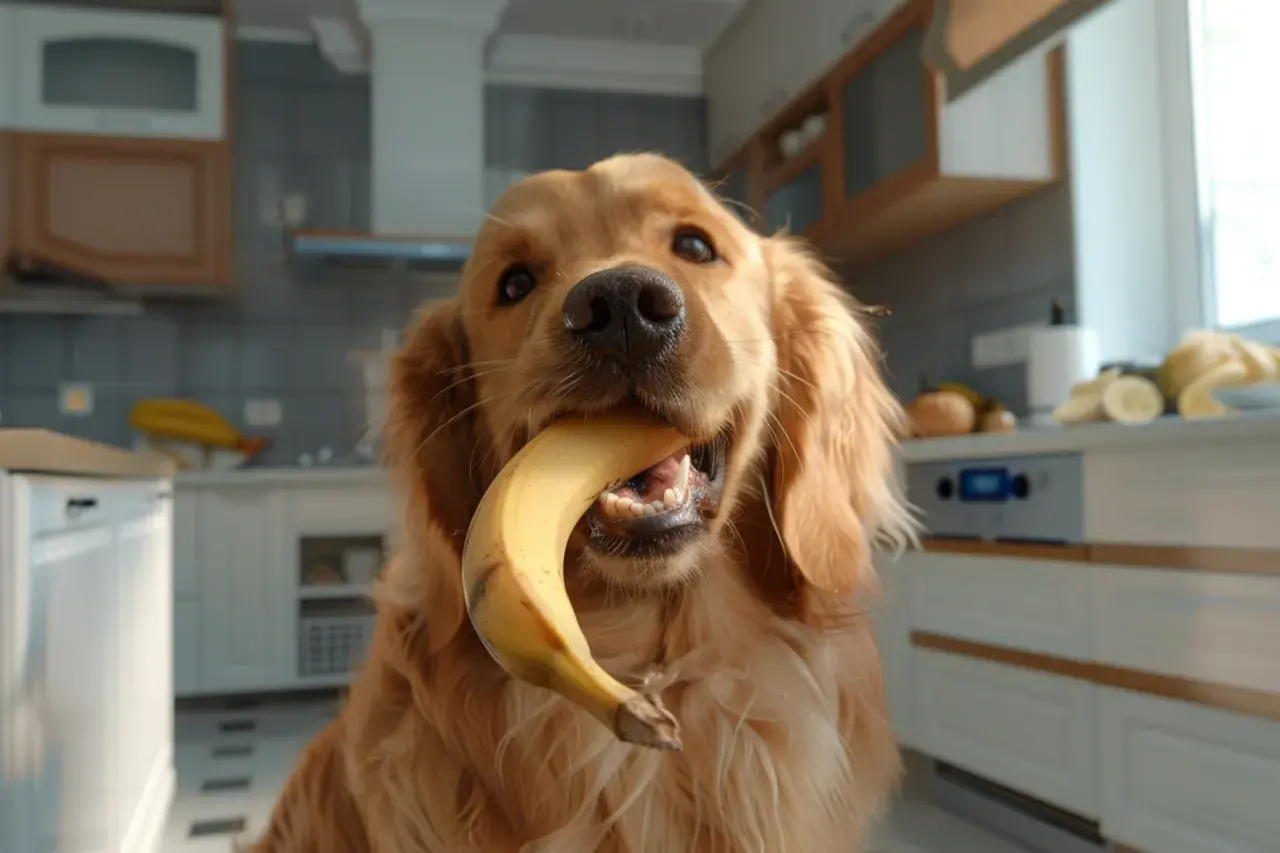 Złoty retriever z bananem w pysku, zastanawiasz się, czy pies może jeść banana? W kuchni widać też inne owoce.