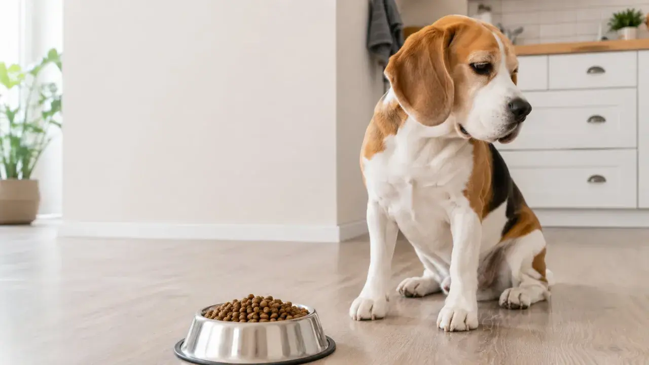 Smutny beagle siedzi obok miski z karmą, wyraźnie widać, że pies nie chce jeść suchej karmy.