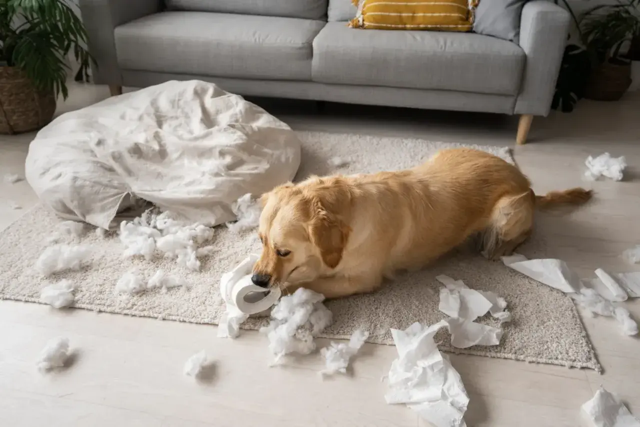 Złoty retriever gryzie papier toaletowy, otoczony kłębkami wypełnienia z poduszki. To obrazek ilustrujący **odwrażliwianie psa lęk separacyjny**.