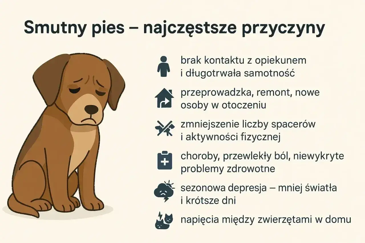 Smutny pies, z opuszczonymi uszami, pokazuje, że depresja u psa może mieć wiele przyczyn, od samotności po problemy zdrowotne.
