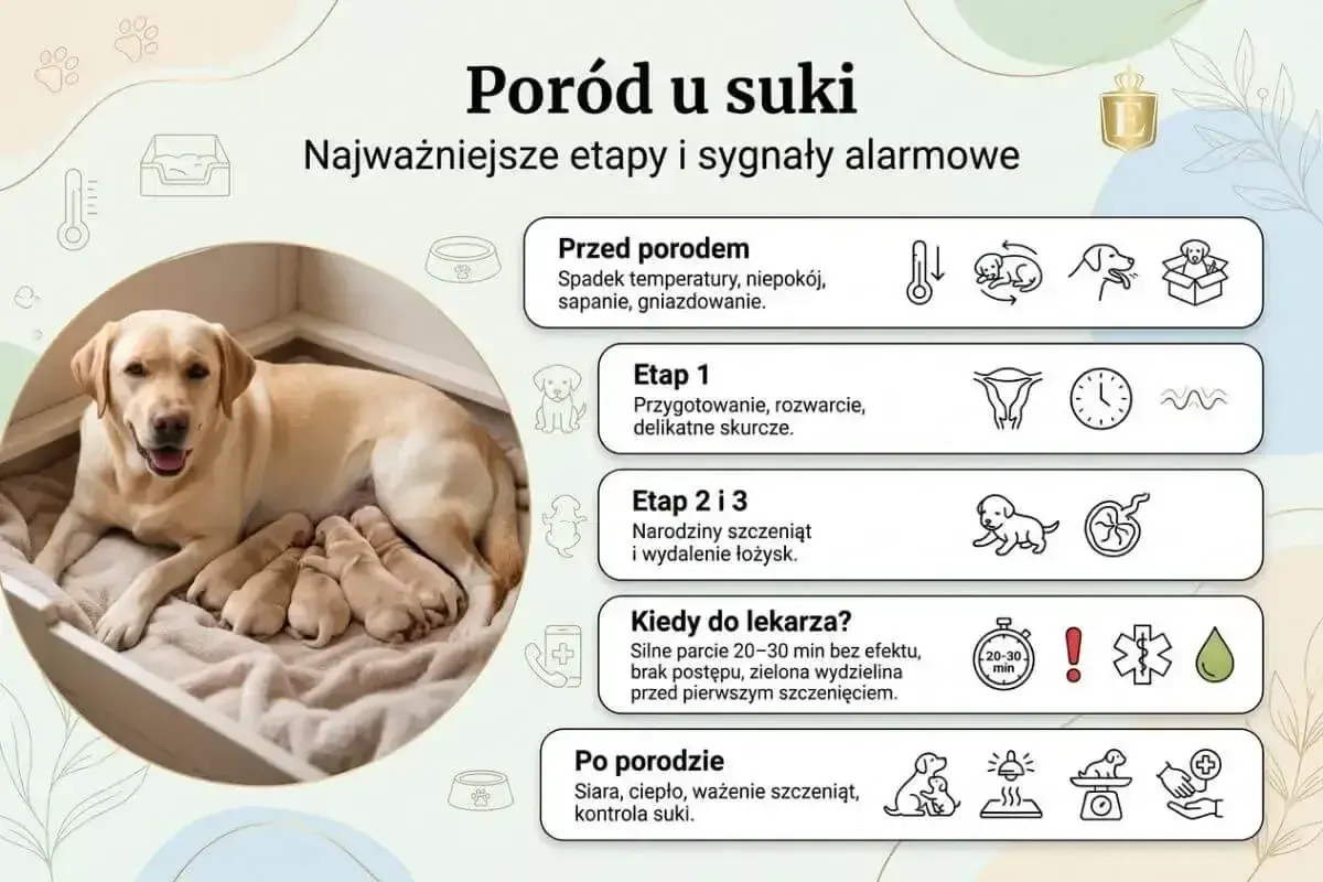 Labradorka z szczeniętami. Informacje o porodzie u suki, w tym ile trwa ciąża u psa i sygnały alarmowe.