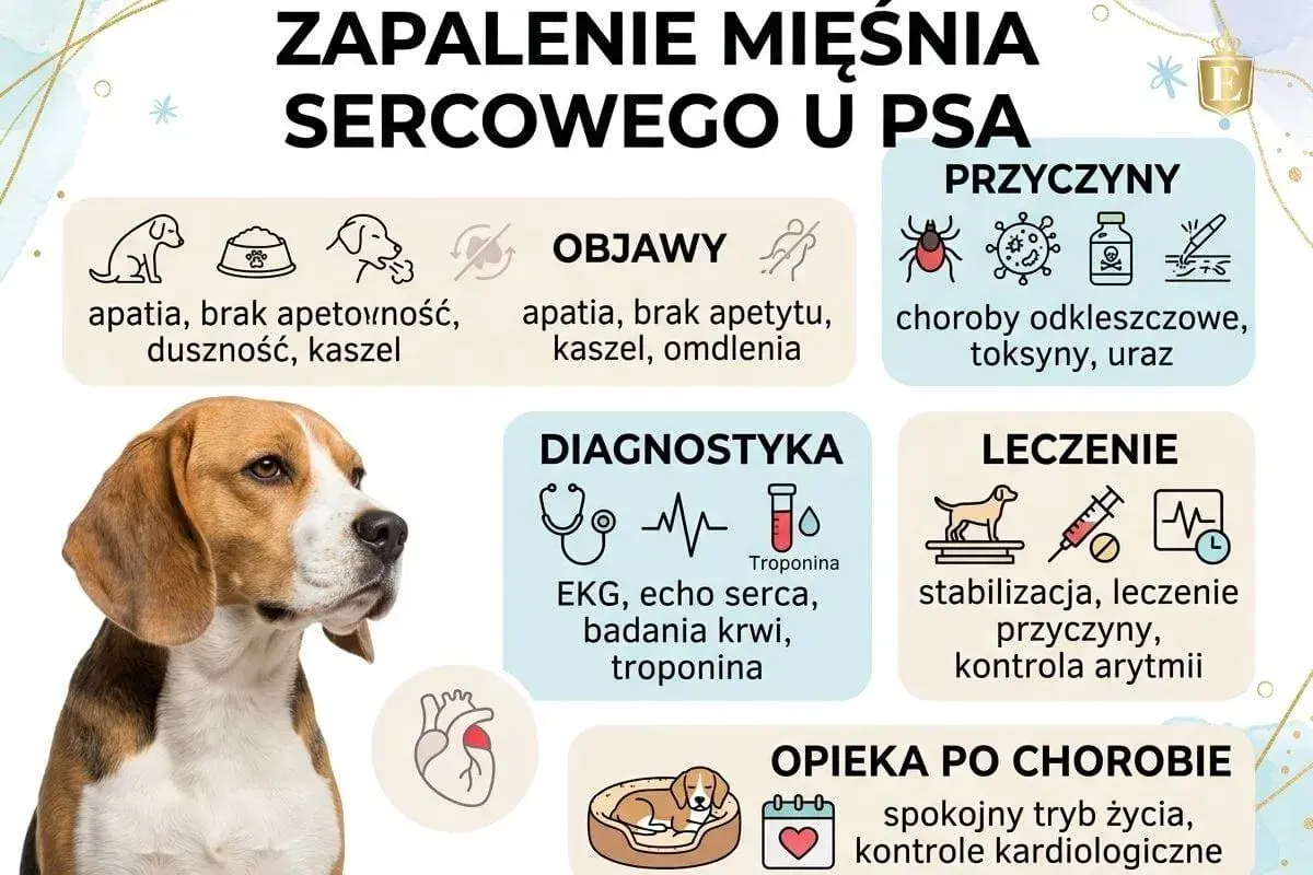 Grafika o zapaleniu mięśnia sercowego u psa. Objawy: apatia, brak apetytu, duszność, kaszel, omdlenia. Przyczyny: choroby odkleszczowe, toksyny, uraz. Diagnostyka: EKG, echo serca, badania krwi, troponina. Leczenie: stabilizacja, leczenie przyczyn, kon...