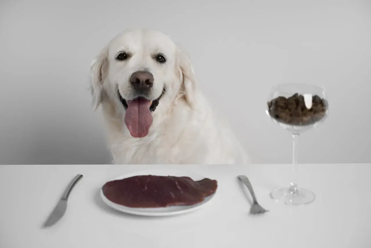 Uśmiechnięty golden retriever czeka na posiłek. Na stole talerz z surowym mięsem i kieliszek z karmą, symbolizujące dietę BARF.