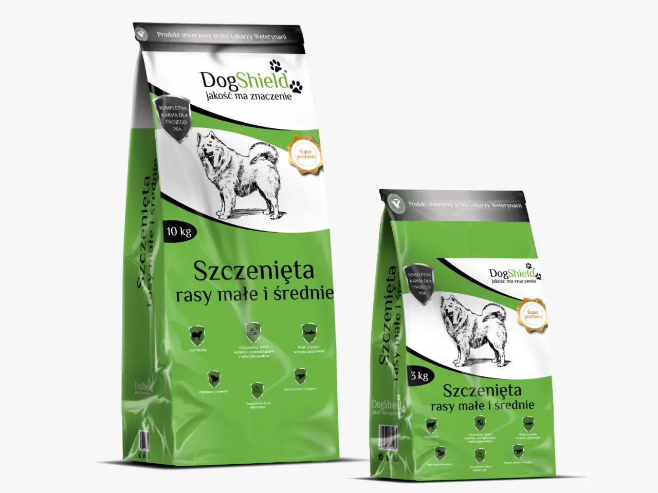 Dwie torby karmy suchej dla szczeniąt DogShield: 10 kg i 3 kg. Produkt stworzony przez lekarzy weterynarii.