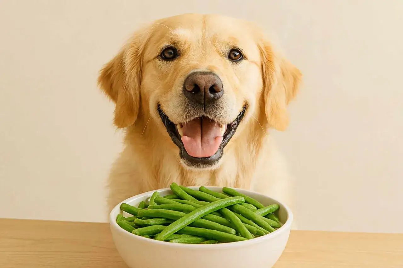 Uśmiechnięty golden retriever patrzy na miskę fasolki szparagowej. Czy pies może jeść fasolkę szparagową? Tak, to zdrowy przysmak!